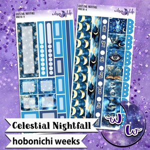 Celestial Nightfall weekly sticker kit, HOBONICHI WEEKS format, a la carte and bundle options.  WW836