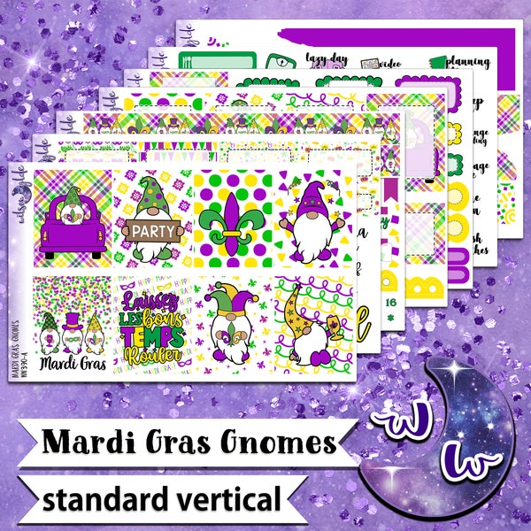 Kit hebdomadaire complet d'autocollants Mardi Gras Gnomes, format STANDARD VERTICAL, options à la carte et groupées. WW390