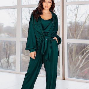 Forest Green Silk Pant Suit for Women, Satin Three Piece Summer Set - Etsy