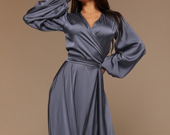 Graphite Gray Silk Wrap Flared Dress Long Sleeve,Bridesmaid Dress Maxi, Wedding Guest Dress