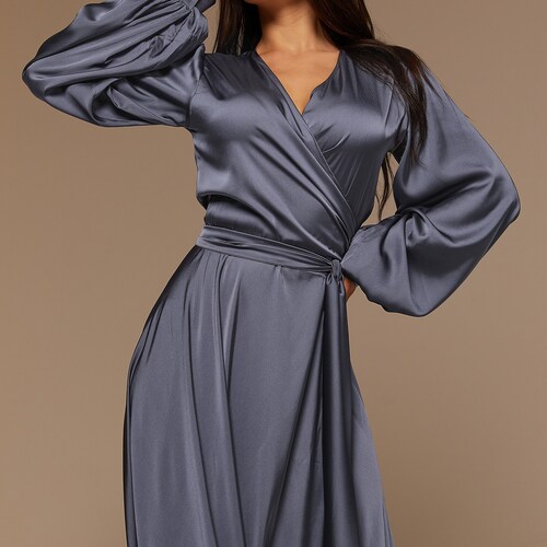 Graphite Gray Silk Wrap Flared Dress Long Sleeve,Bridesmaid Dress Maxi, Wedding Guest Dress