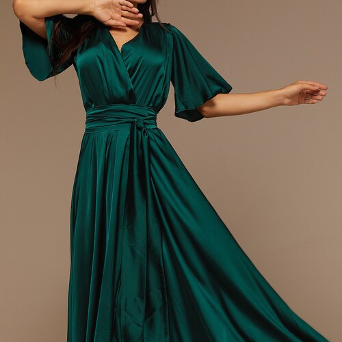 Dark Emerald Green Silk Maxi Dress Bridesmaid Dress Open - Etsy