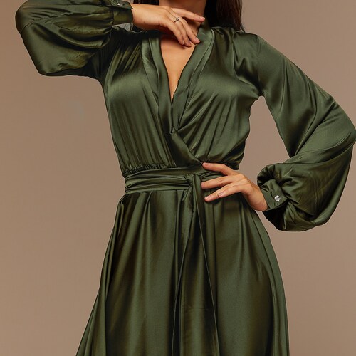 Dark Olive Satin Silk Flared Dress Bridesmaid Dress Maxi | Etsy