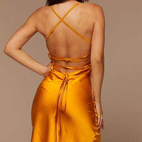 Orange Silk Slip Midi Dress Cowl Neck Lace Up Open Back Bridesmaid Dress