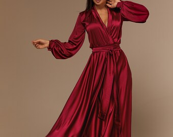 Burgundy Long Silk Bridesmaid Dress 