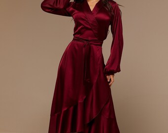 Burgundy Silk Ruffle Dress, Satin Bridesmaid Gown, Silk Wrap Dress, Wedding Guest Dress