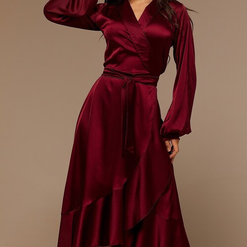 Burgundy Silk Ruffle Dress, Satin Bridesmaid Gown, Silk Wrap Dress, Wedding Guest Dress
