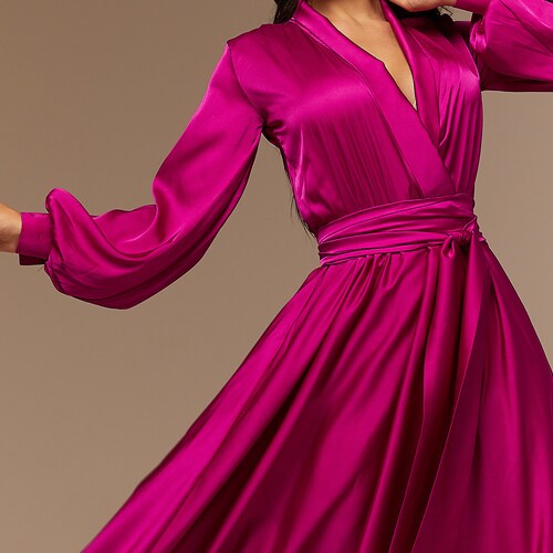 Magenta Silk Bridesmaid Dress Long Sleeve,Purple Satin Maxi Gown, Silk Flared Dress