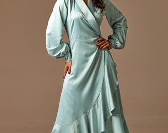 Pale Teal Silk Ruffle Dress Satin Sage Bridesmaid Gown Wrap Silk Dress