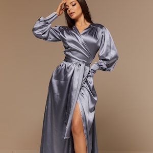 Gray Blue Satin Maxi Full Wrap Dress With Long Sleeves - Etsy