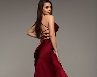 Burgundy Silk Slip Midi Dress Lace Up Open Back