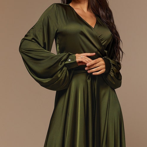 Dark Olive Green Silk Maxi Full Wrap Dress Plus Size Flared Bridesmaid Satin Gown