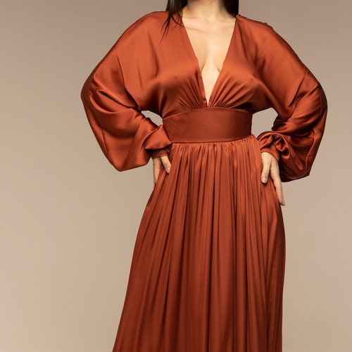 Tawny Silk Maxi Dress Copper Bridesmaid Dress Open Back Etsy