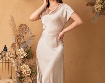 Champagne Silk Maxi Dress with Train, Beige Bridesmaid Dress Cowl Neck, Cream Evening Gown