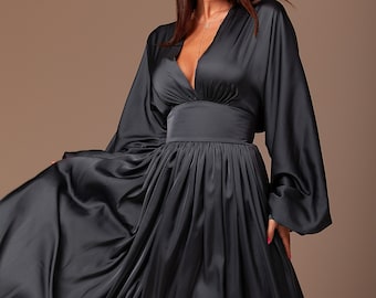 Dark Graphite Silk Maxi Dress, Bridesmaid Dress, Long Sleeve, Silk Black Long Dress