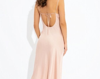 Pale Pink Silk Slip Dress with Cowl Neck,Bridesmaid Backless Satin Slip Midi Dress