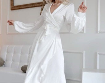 Ivory Simple Wedding  Dress White Bridal Satin Ruffle Dress Bridesmaid Satin Gown