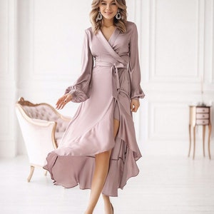 Blush Pink Bridesmaid Silk Dress Wrap Ruffle Satin Gown - Etsy