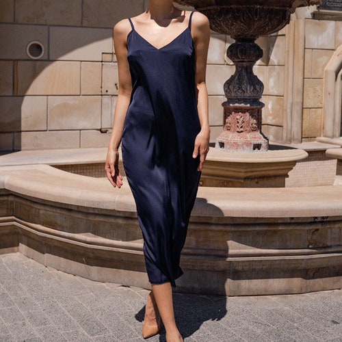 Navy Blue Satin Silk Slip Midi Dress Evening Dress Etsy