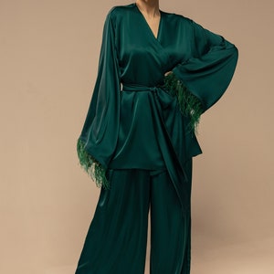 Dark Emerald Green Silk Pant Suit for Women, Silk Two Piece Summer Set ...