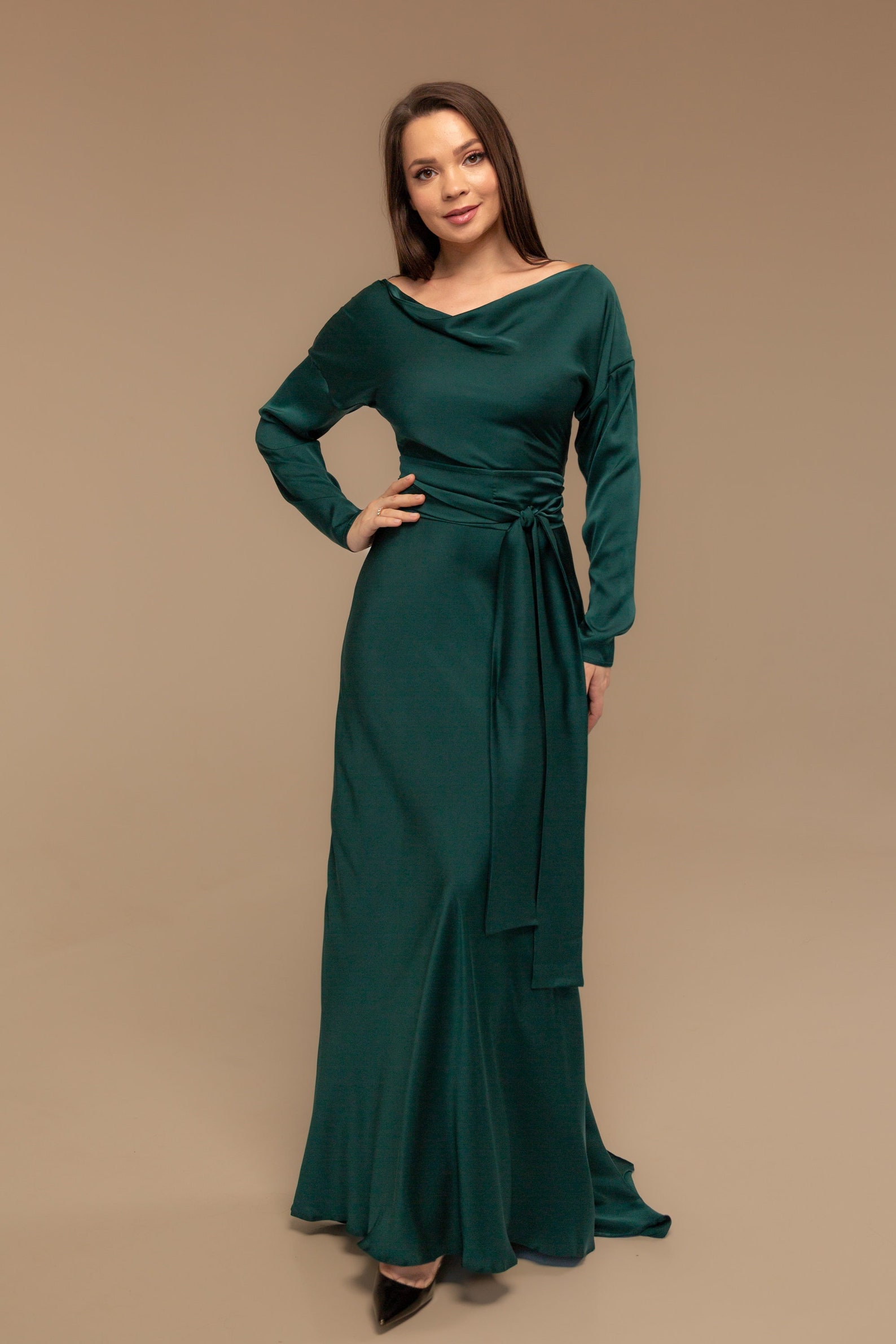 Emerald Green Silk Maxi Dress With Train Emerald Bridesmaid - Etsy