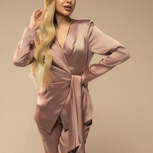 Light Pink Womens Suit 3 pc Pastel Pink Satin Pant Suit, High Waist Pants,Blazer  and Corset Crop Top