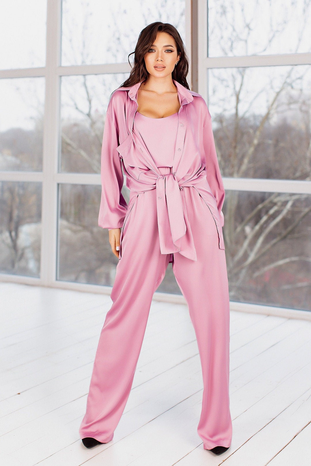 Blush Pink Silk Pant Suit for Women, Satin Three Piece Summer Set - Etsy