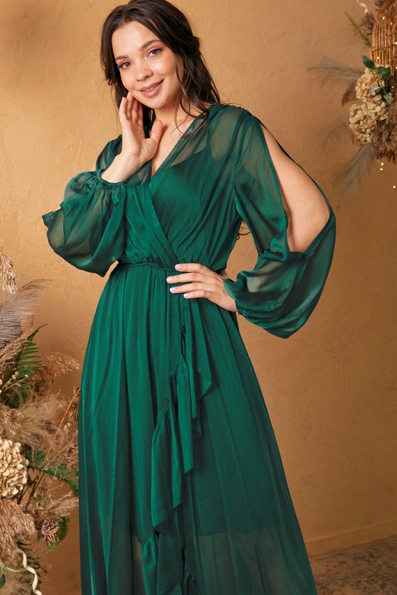 nep zwemmen galblaas Emerald Green Chiffon Ruffle Jurk Bruidsmeisje Jurk Bruiloft - Etsy België