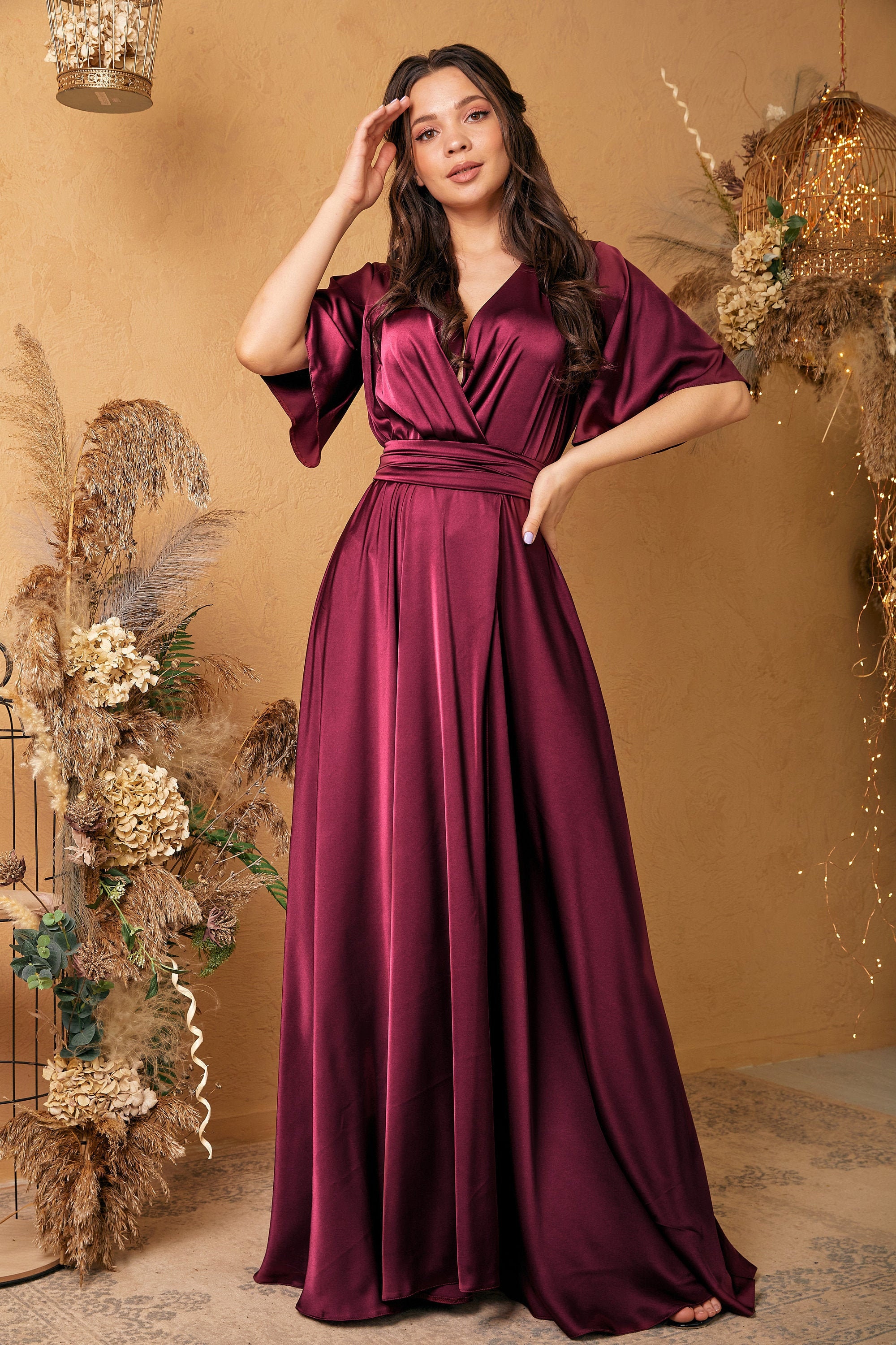 burgundy satin dress