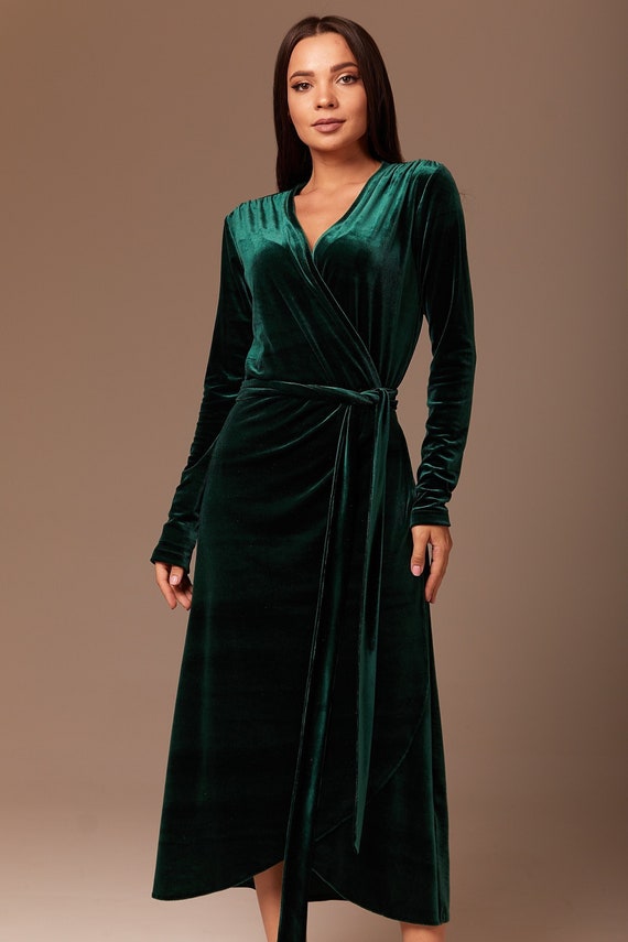 Emerald Green Velvet Wrap Dress Bridesmaid Velvet Midi Dress - Etsy