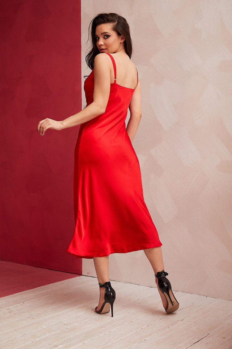 Red Silk Slip Dress Cowl NeckMidi Silk DressBridesmaid Dress image 4