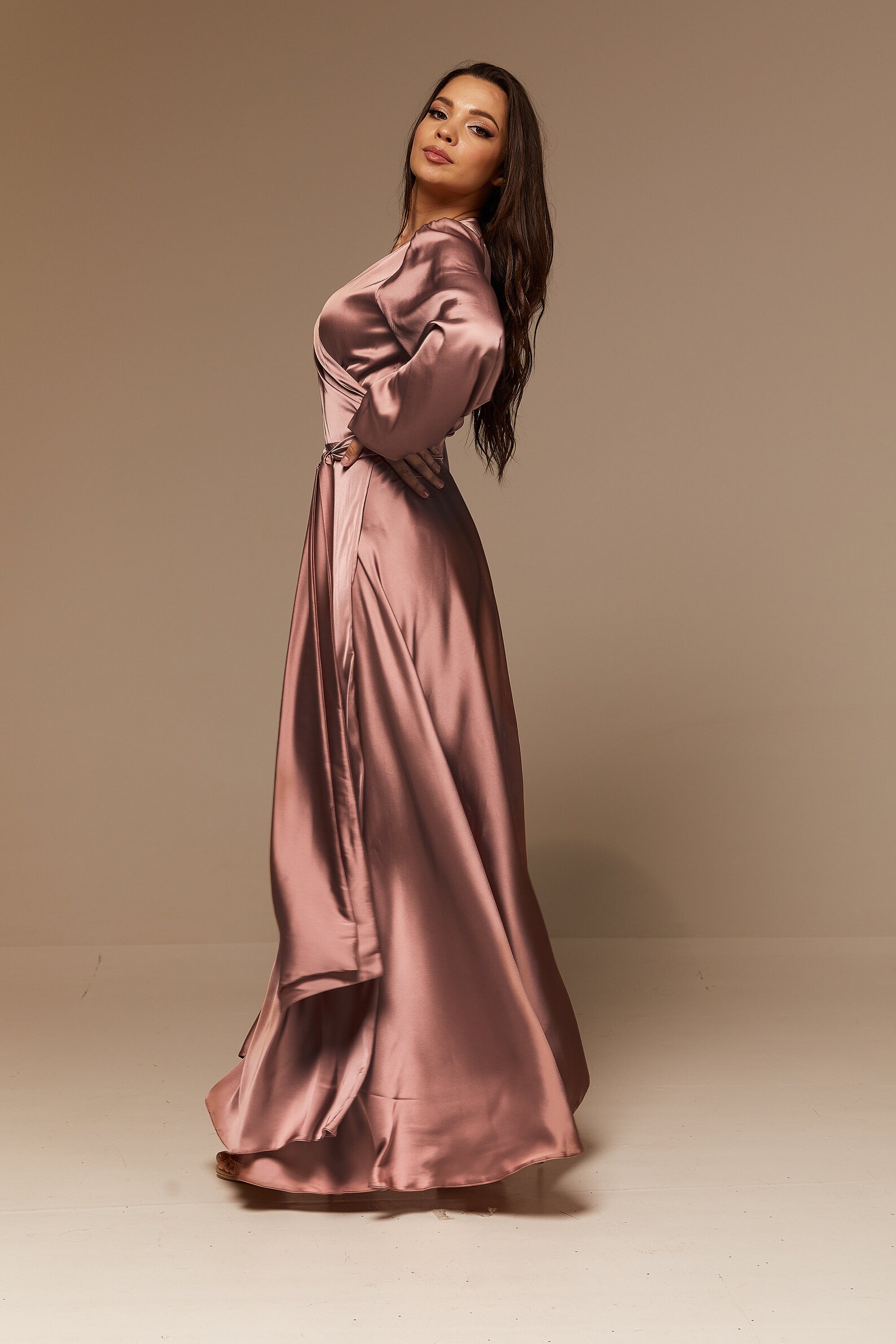 Rose Gold Silk Wrap Flared Dress Long Sleevebridesmaid Dress Etsy