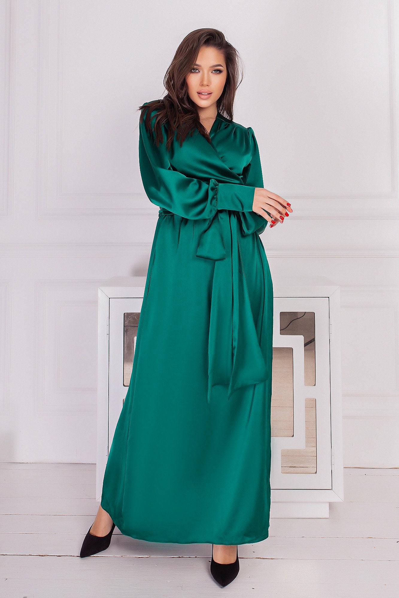 Emerald Green Satin Maxi Dress Long Sleeves Wrap Evening Dress | Etsy