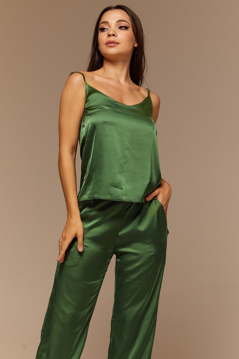 Moss Green Silk Pant Suit for Women Satin Three Piece Summer Etsy