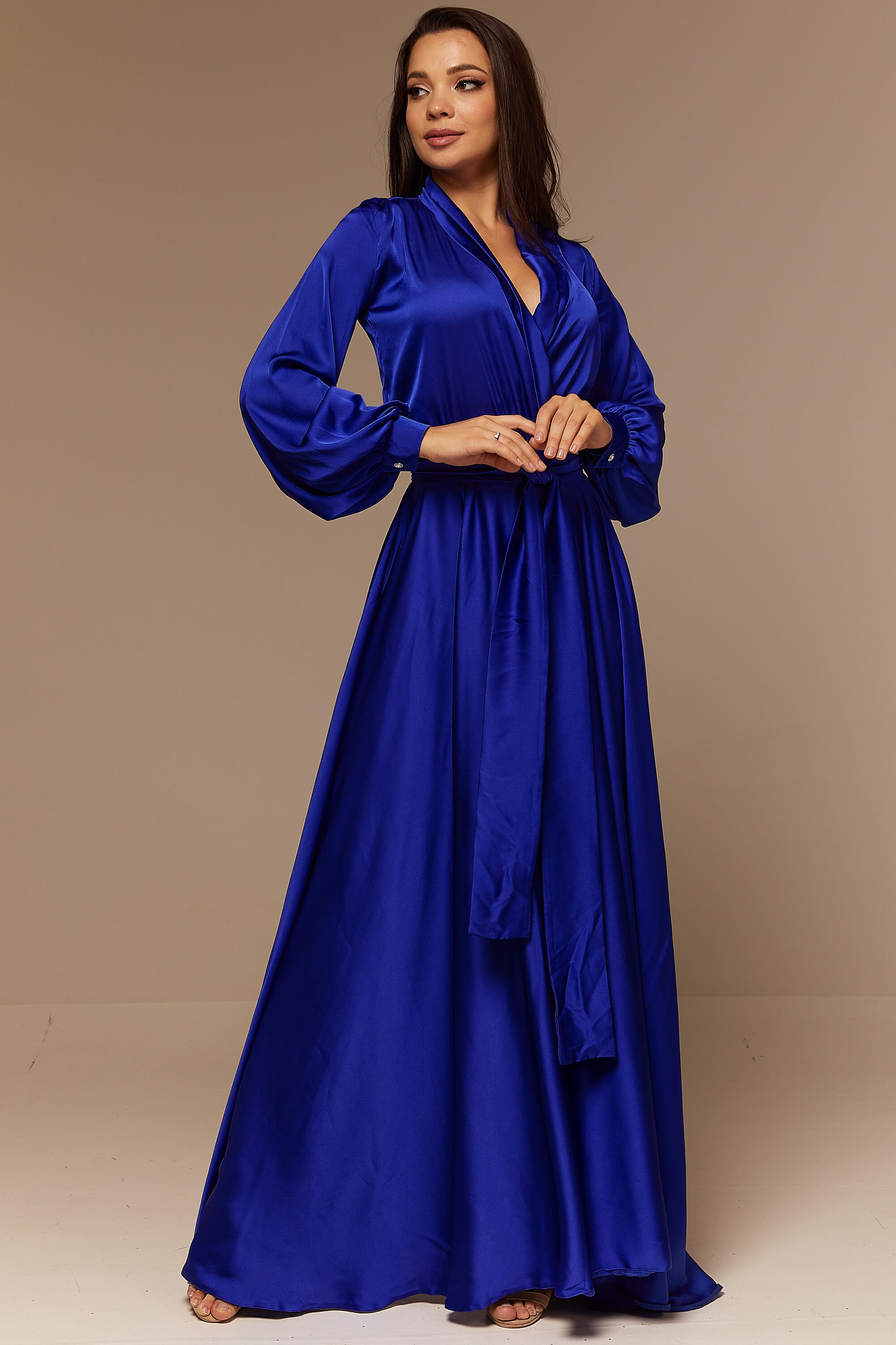 Royal Blue Silk Bridesmaid Dress Long Sleeve Maxi Satin Etsy UK