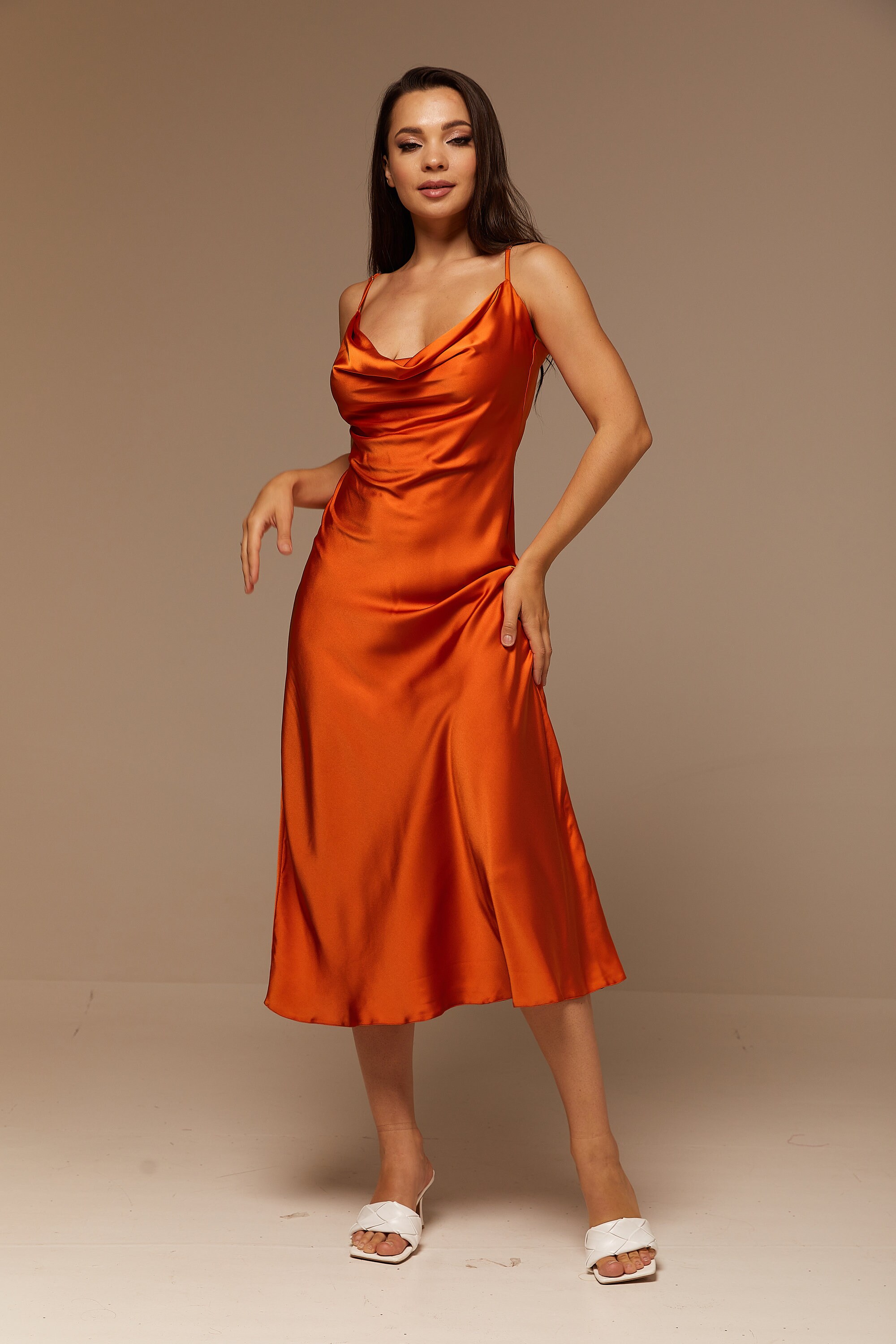 Burnt Orange Silk Slip Dress Cowl NeckRust Midi Silk Etsy