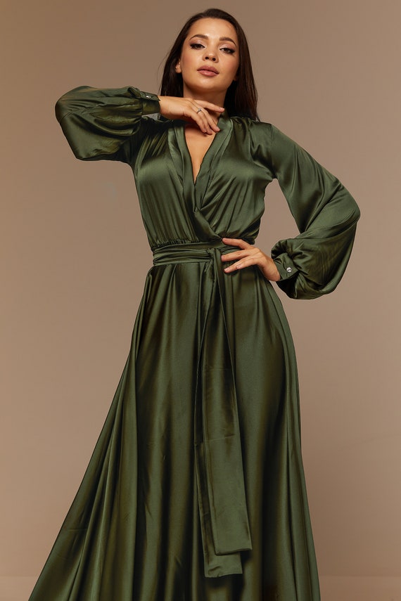 Dark Olive Satin Silk Flared Dress ...