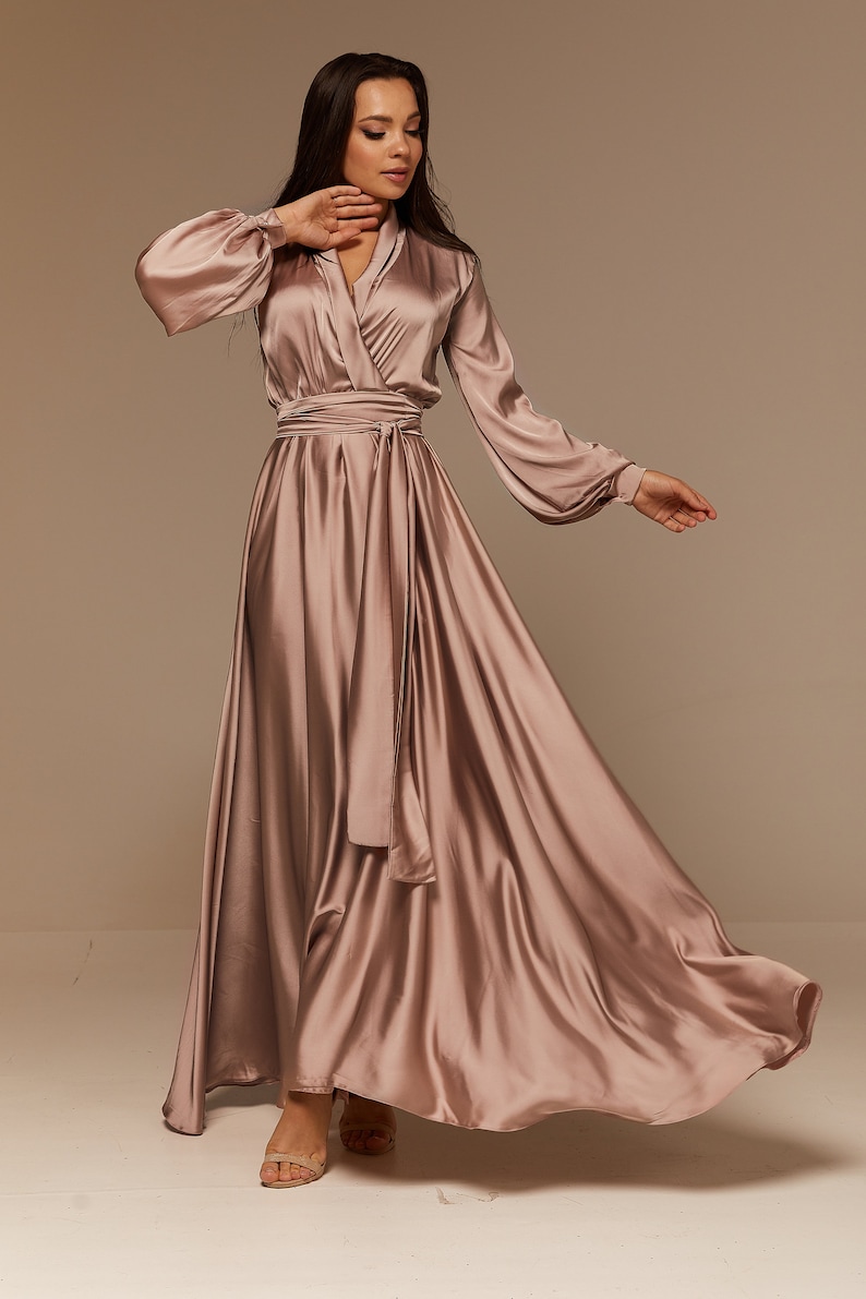 Vintage Evening Dresses, Vintage Formal Dresses Cappuccino Rose Silk Bridesmaid Dress Long Sleeve Silk Flared Dress Maxi Prom Dress $98.00 AT vintagedancer.com