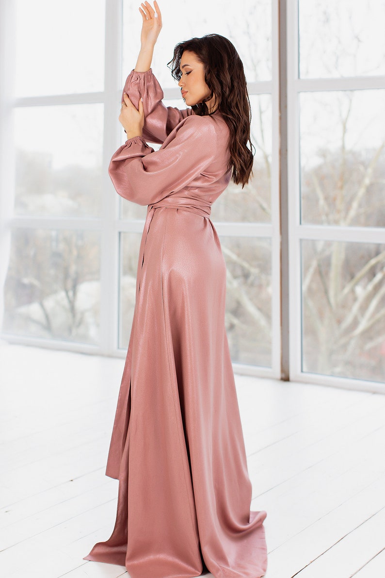 Rose Gold Linen Wrap Dress Long Sleeve Floor Length Etsy