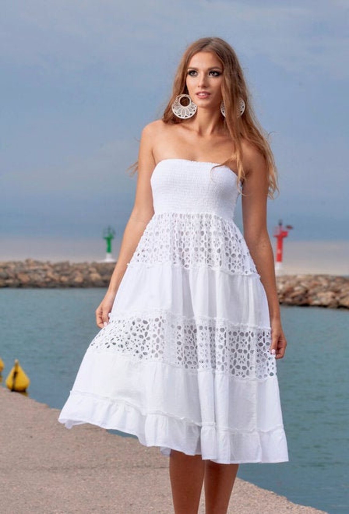 White Boho Cotton Lace Sundress | Etsy