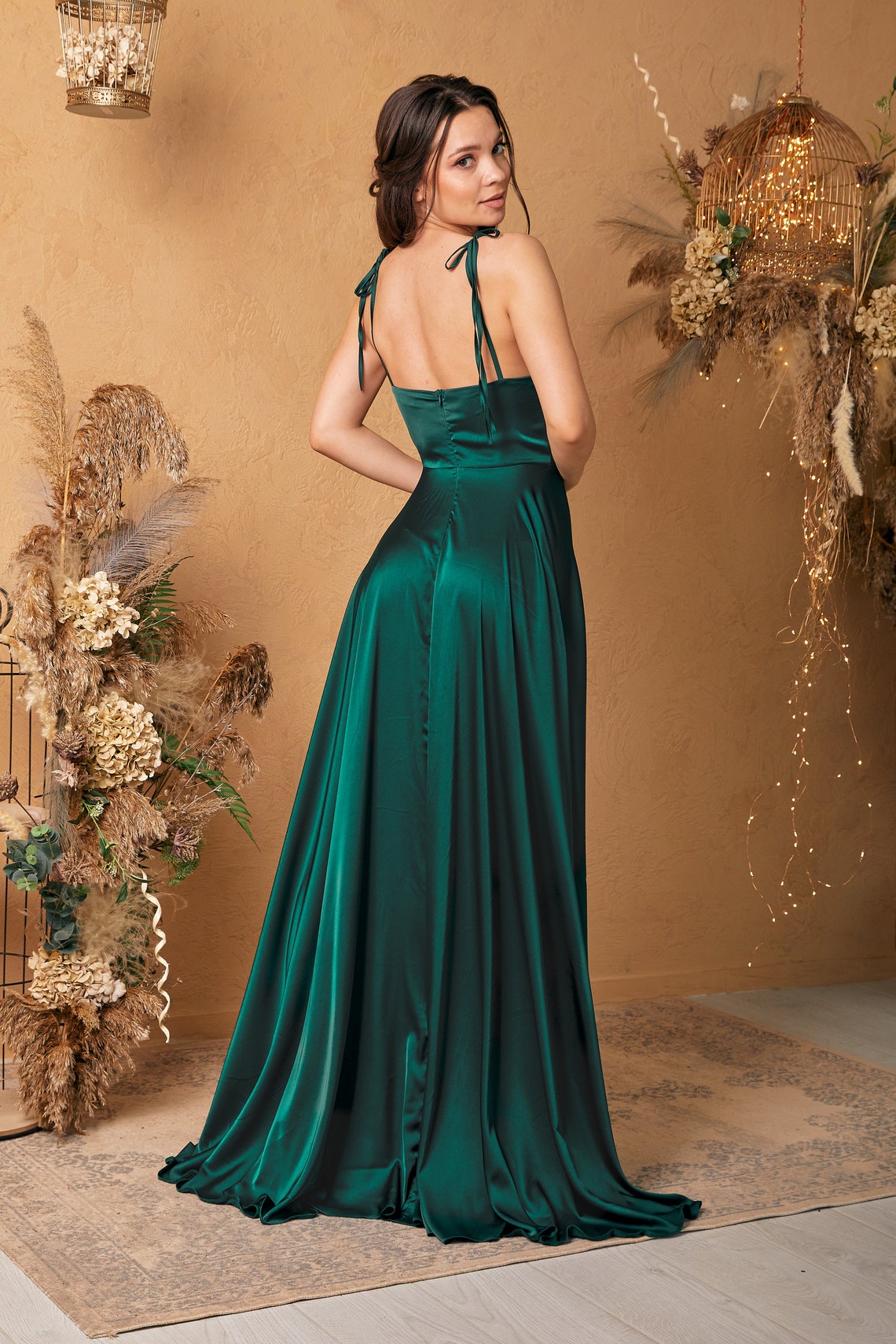 Emerald Green Silk Maxi Flared Dress With Slit Green Etsy