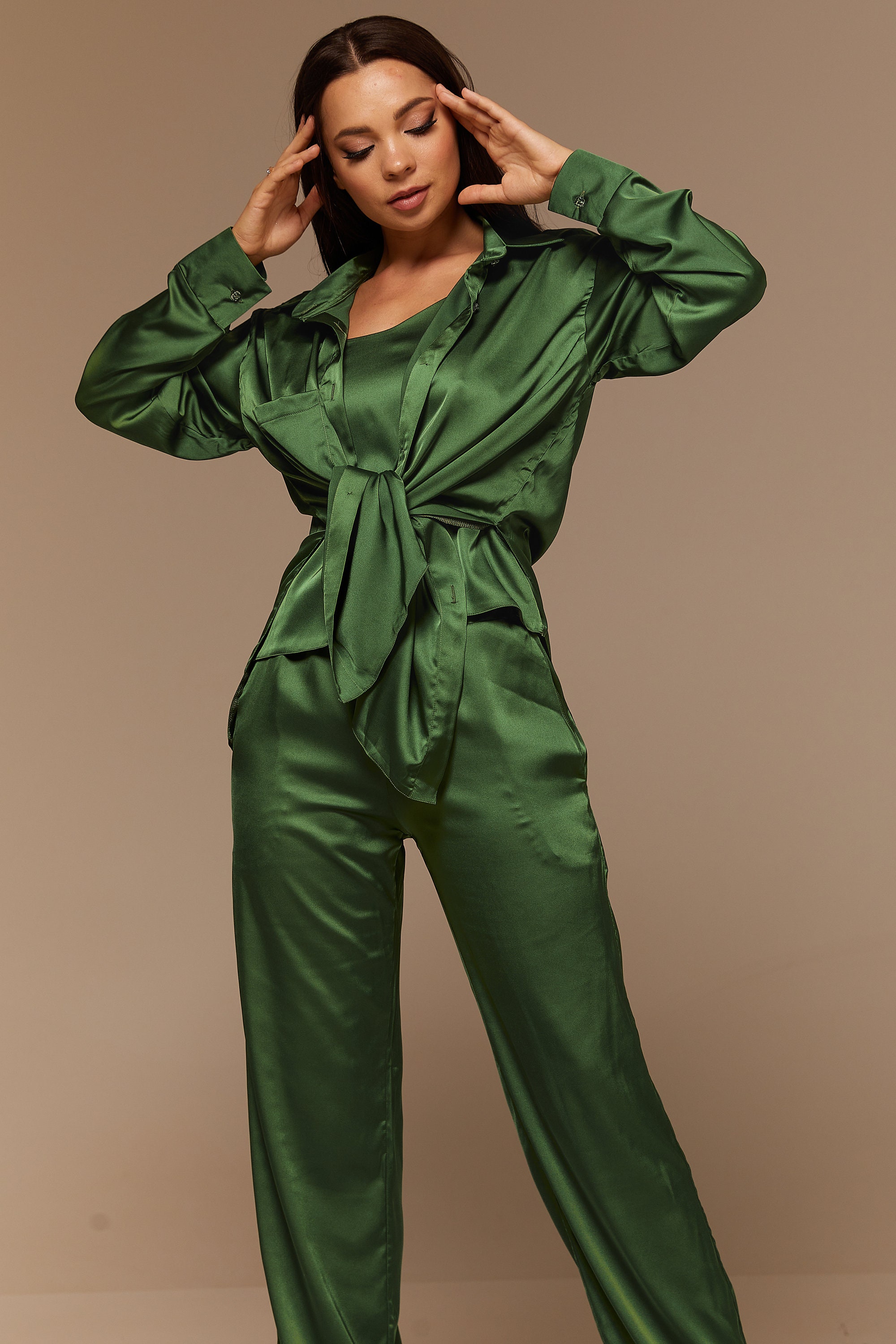 Moss Green Silk Pant Suit for Women Satin Three Piece Summer | Etsy