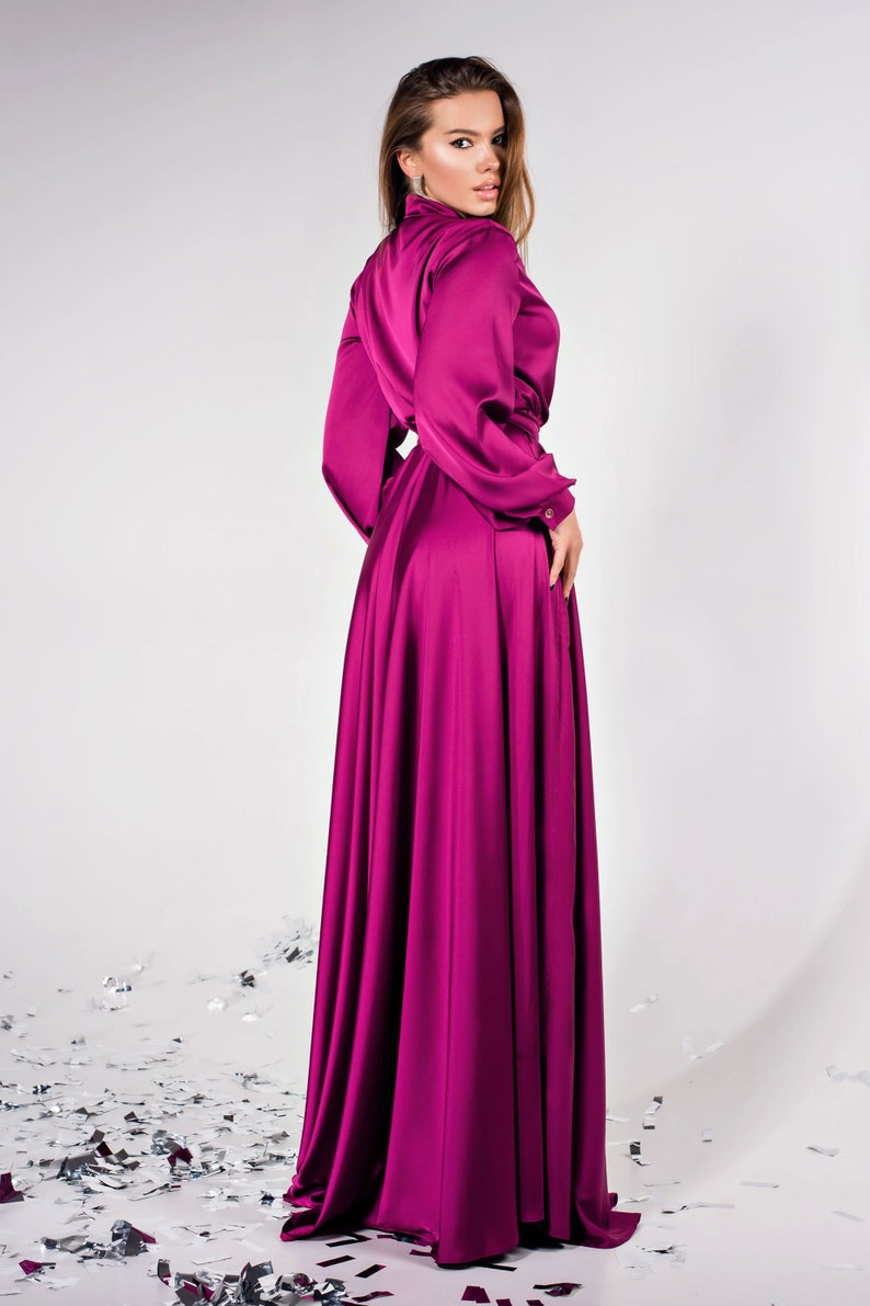 Magenta Silk Bridesmaid Dress Long Sleeve,Purple Satin Maxi Gown