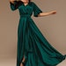 Emerald Green Silk Full Wrap Maxi Dress, Summer Bridesmaid Green Silk Dress Flutter Sleeve