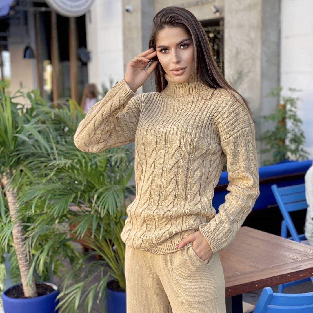 Ivory Beige Warm Pants Suit for Women, Casual Wool Knitted Sweater and  Pants -  Ireland
