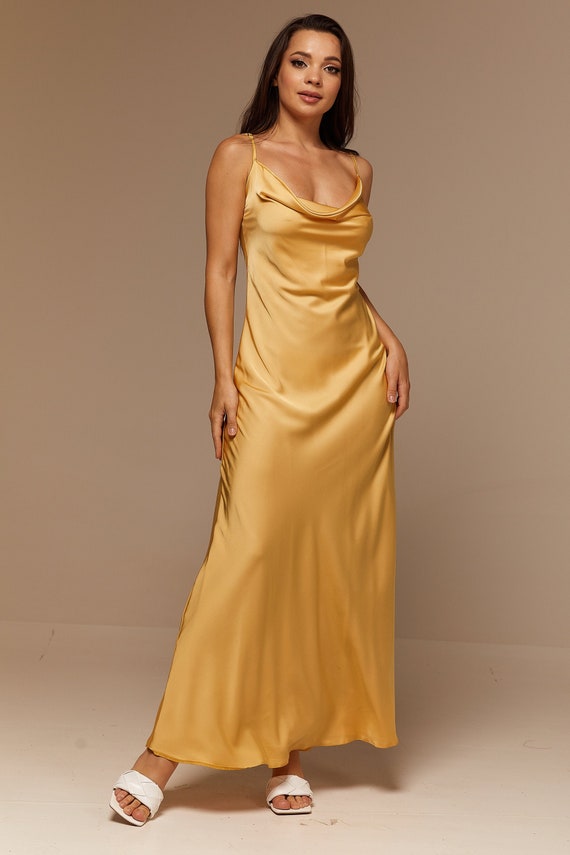 Golden Silk Slip Dress Cowl Neck Maxi ...