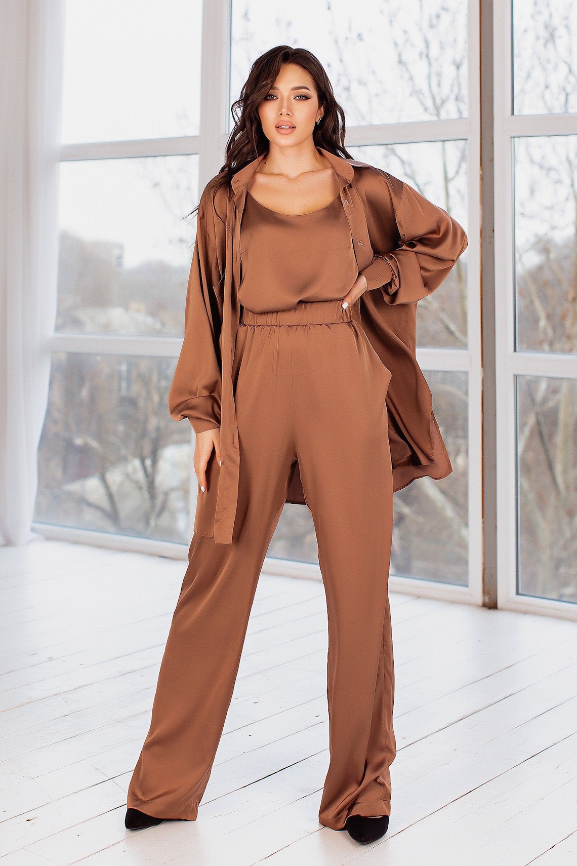 Bronze Silk Pant Suit for Women Satin Three Piece Summer Set | Etsy