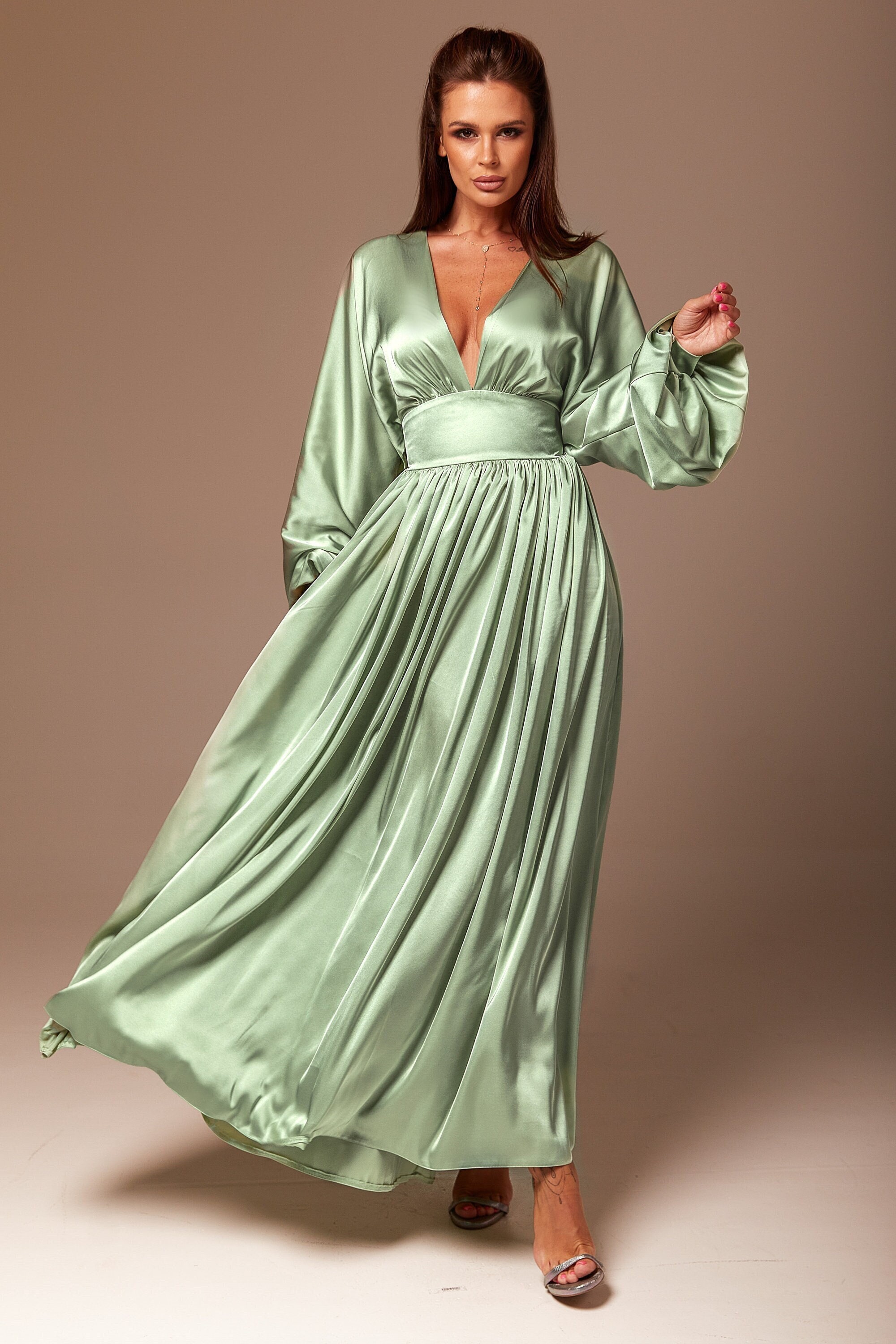 Sage Green Silk Maxi Dress Bridesmaid Dress Long Sleeve Etsy Australia