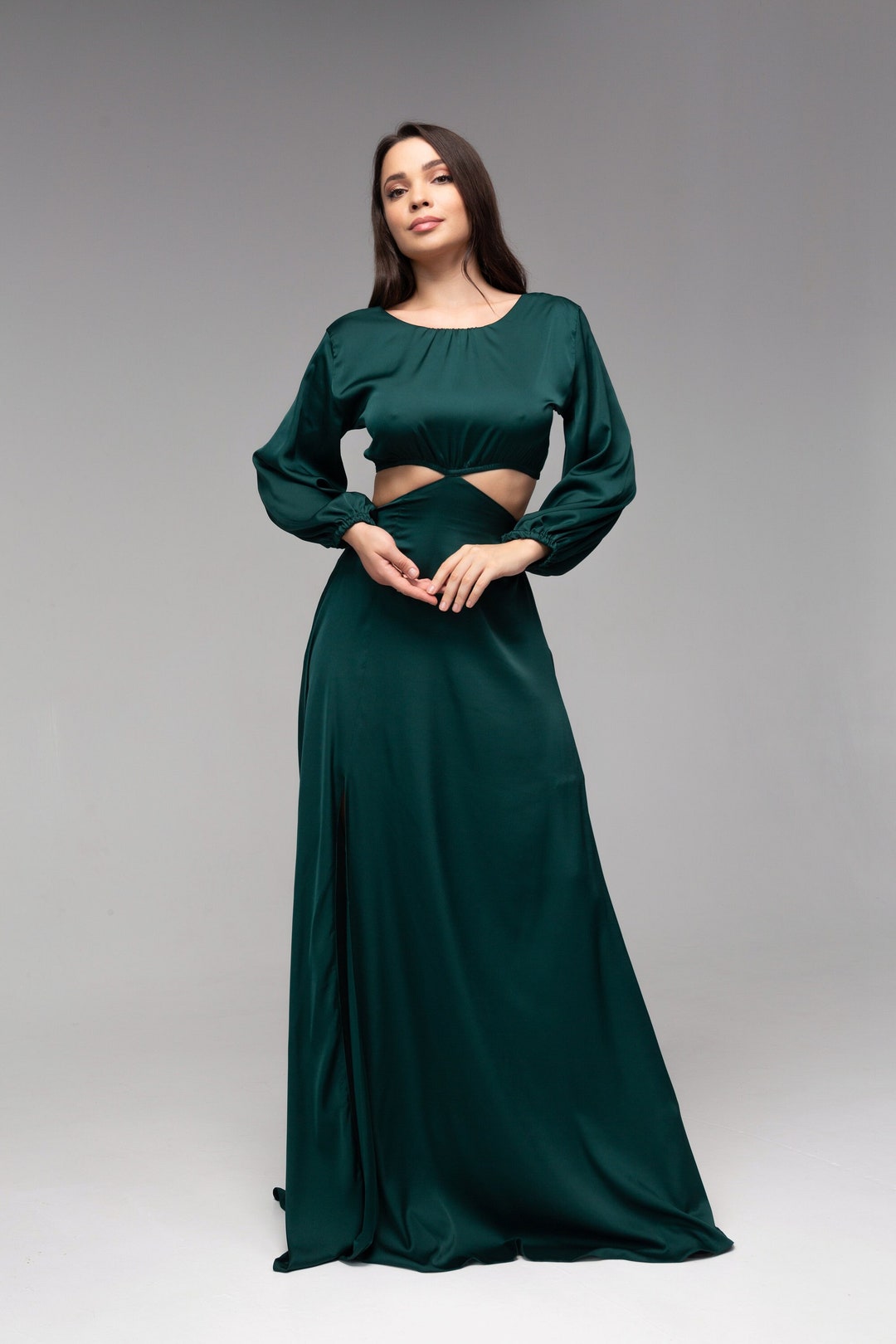 Dark Emerald Green Silk Maxi Dress With Slit, Open Back, Green Silk ...