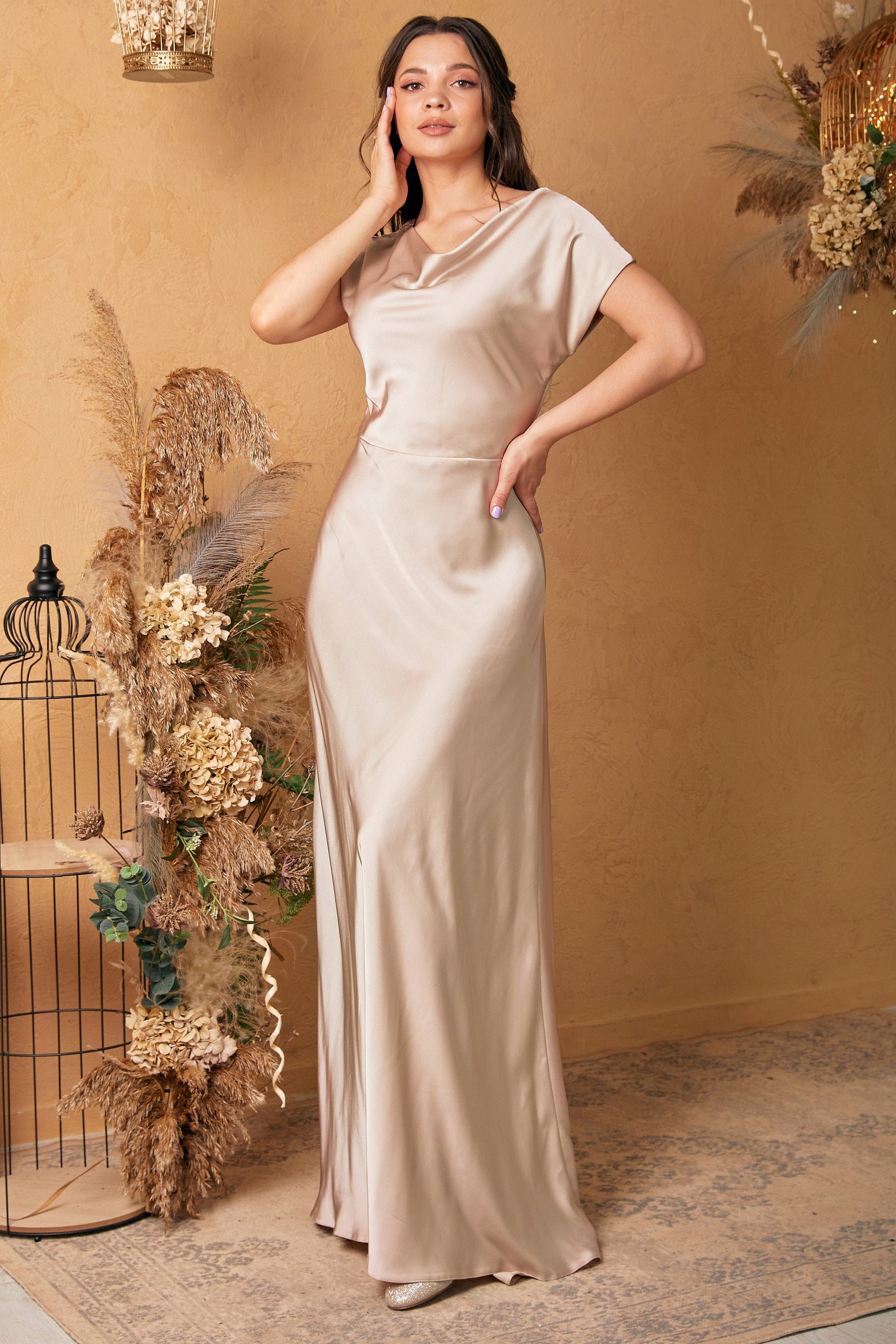 Champagne Silk Maxi Dress with Train, Beige Bridesmaid Dress Cowl Neck, Cream Evening Gown